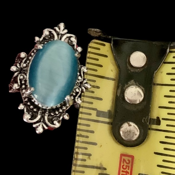 Ocean Blue Cat’s Eye Silver Plated Statement Fashion Ring Size 7 - Picture 14 of 15